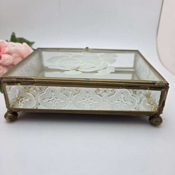 Vintage Glass Mirrored Jewelry Trinket Box Etched Rose Brass Mid Century - Picture 6 of 14